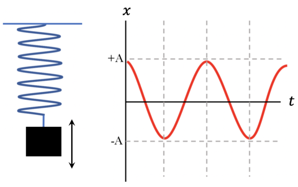 Figure shows a cartoon of a mass hanging from a vertical spring next to a graph showing the periodic displacement of the mass over time.