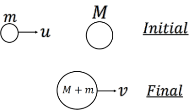Figure shows before and after an inelastic collision of two masses in one dimension.