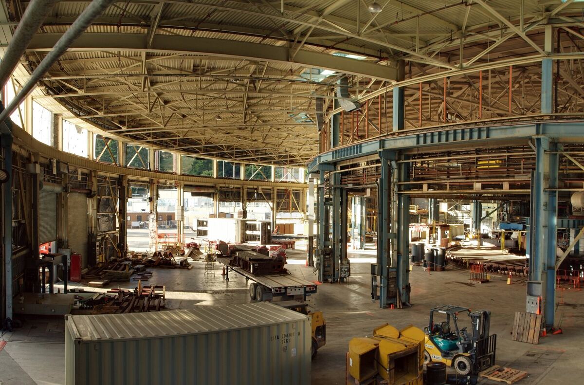 Historical photograph of the interior of the Bevatron accelerator building at Lawrence Berkeley National Laboratory.