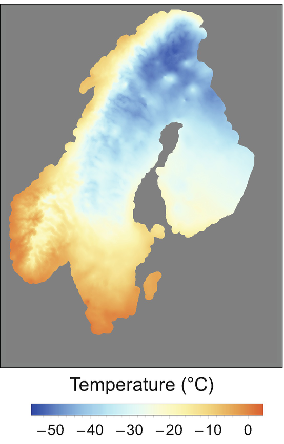 A scalar field showing the minimum temperatures across the Nordic countries Norway, Sweden, and Finland on January 27, 1999. The data used to make this plot was taken from the Copernicus Climate Change Service, Climate Data Store, see Reference [1]