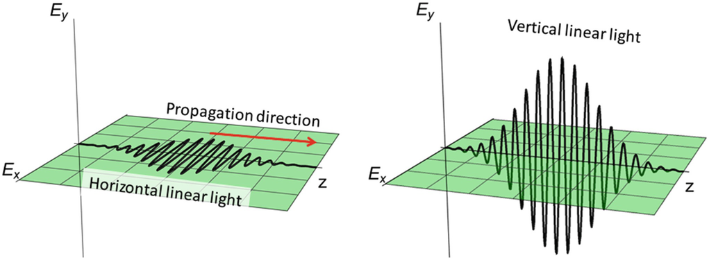 Examples of oscillating electric fields propagating along the z-direction. The left picture shows horizontal linear light while the right picture shows vertical linear light