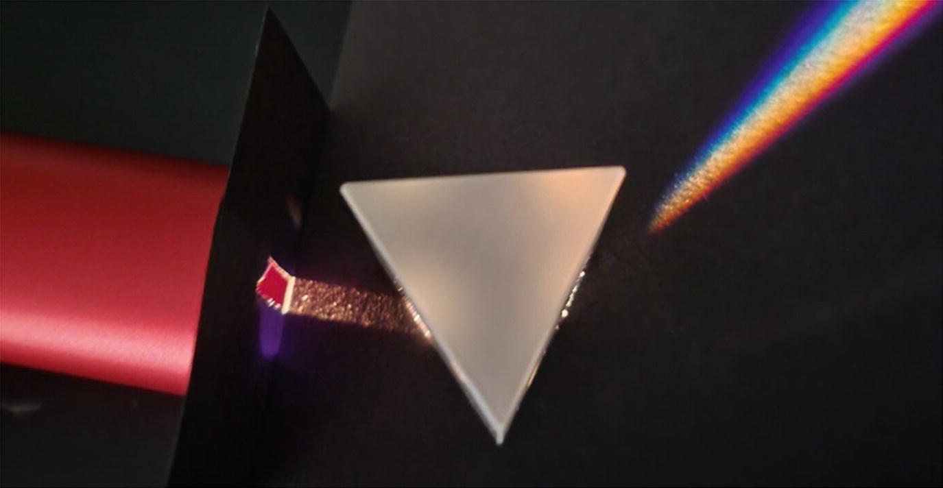 A dispersive prism takes white light, which enters the prism from the left, and makes a rainbow. Each wavelength is refracted at a different angle. The white light source I used to make this picture is a tungsten lamp