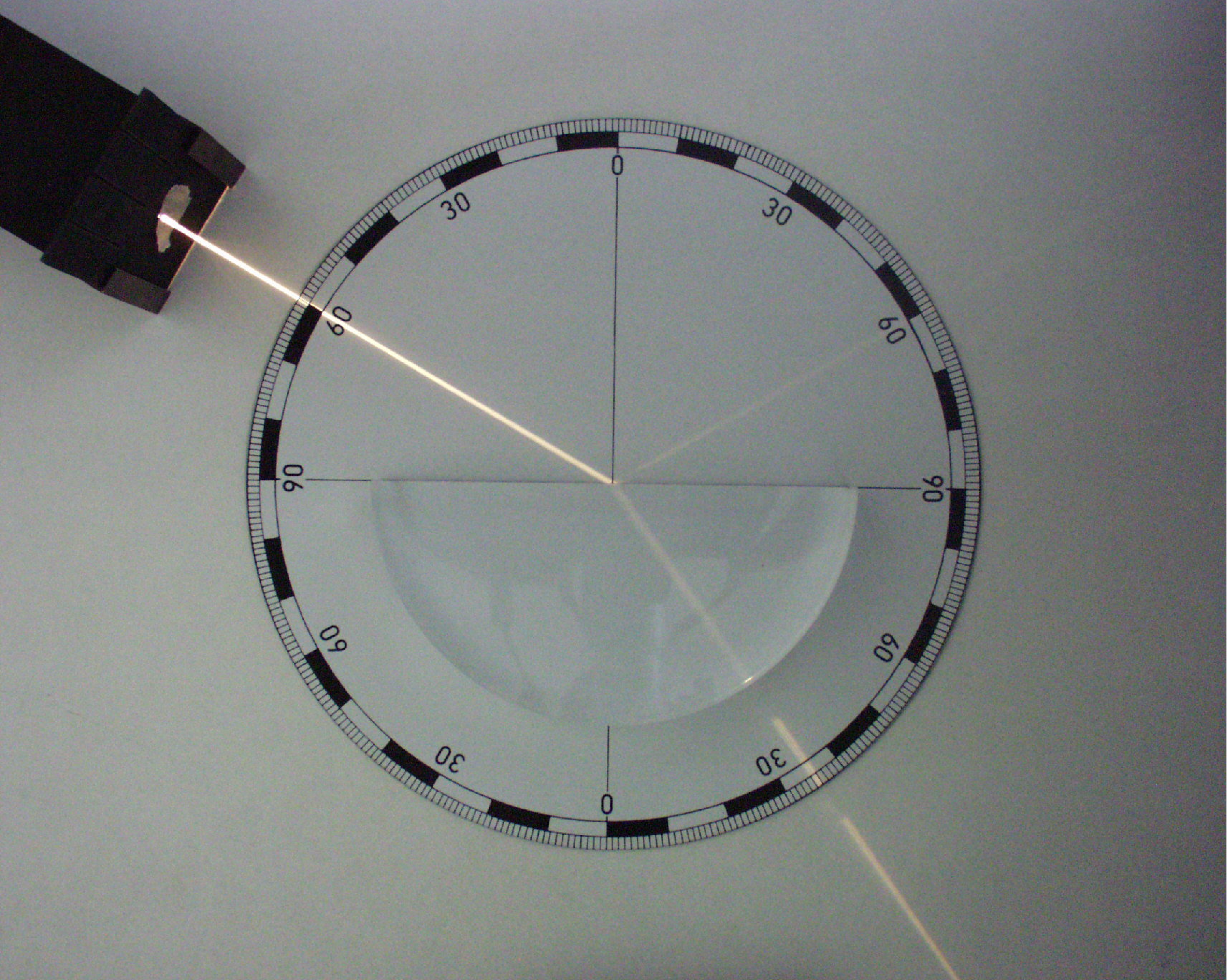 Laser reflects through center of the flat edge of semicircular glass and comes out at an angle of 35 degrees southeast.