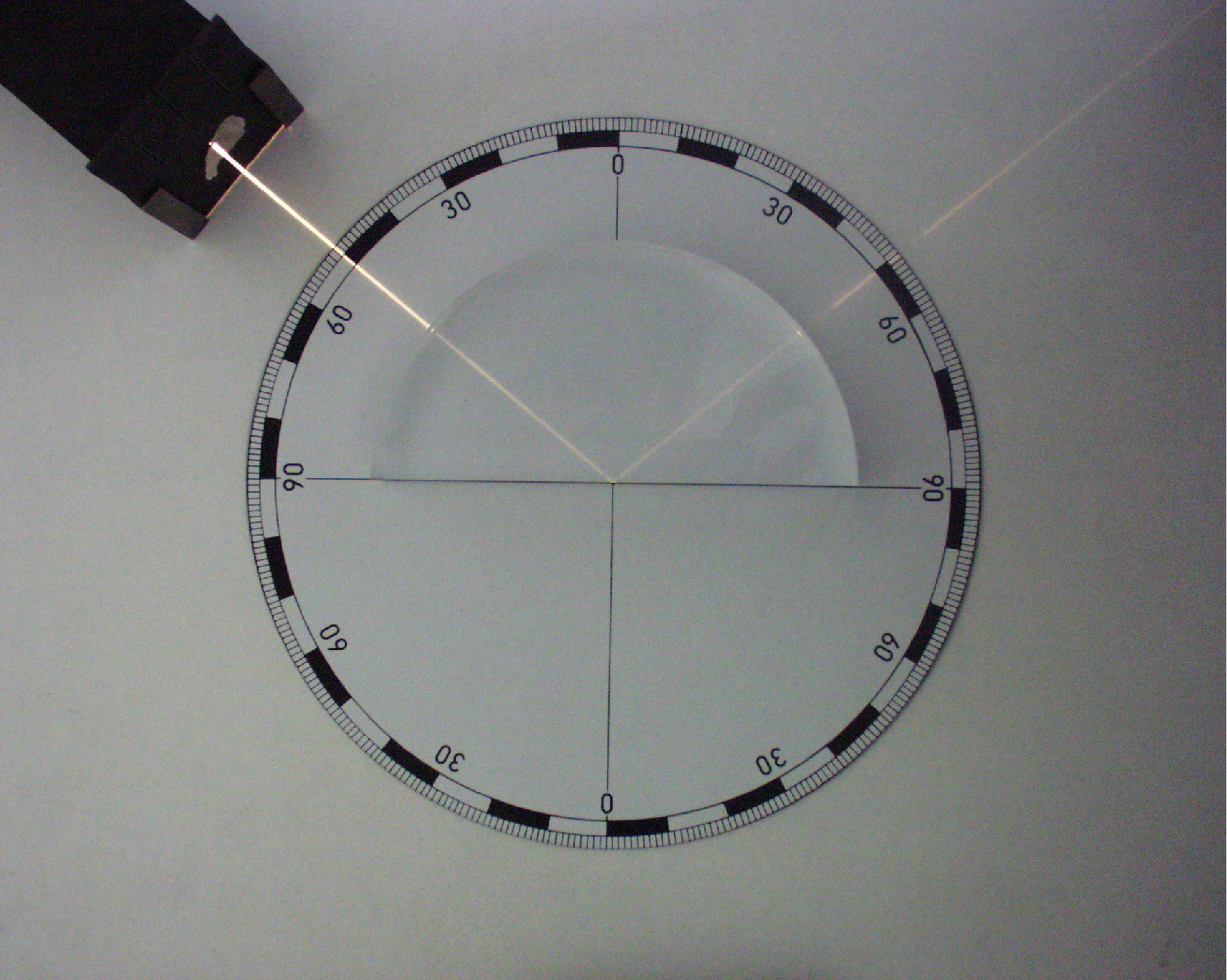 A semicircle of glass is resting on the top half of a paper compass. The laser enters the convex side of the glass from the left at an angle of fifty degrees northwest from the vertical. Reflected wave is fifty degrees northeast.