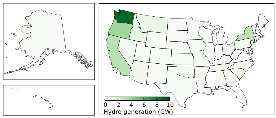 Average U.S. hydroelectric power delivered for each state, showing strongly along the west-coast, plus New York. And yes, Alaska really is t