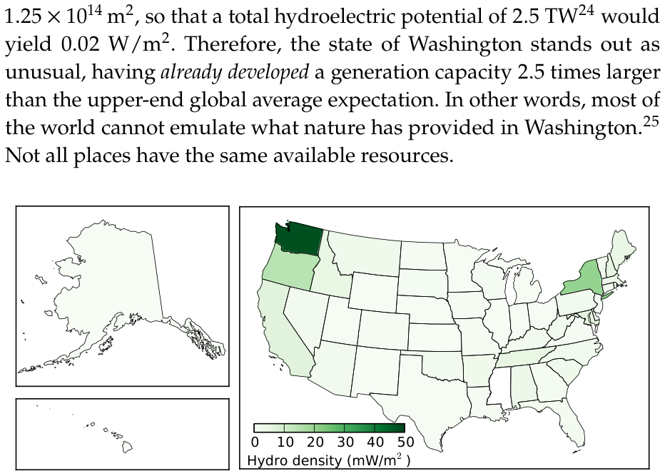 U.S. hydroelectric power per area delivered for each state, giving a sense of how concentrated the resource is. The units are milliwatts per