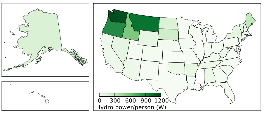 U.S. hydroelectric power per population within each state, indicating which residents receive the most hydroelectric power. The Pacific Nort