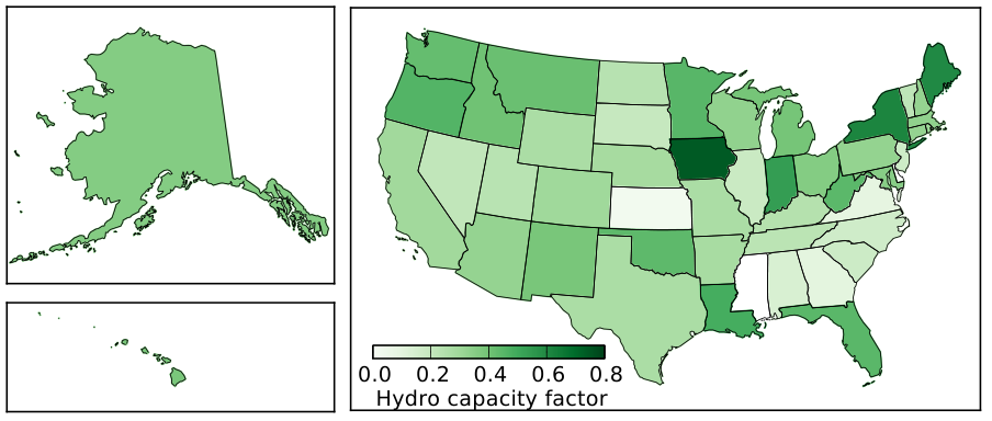 U.S. hydroelectric capacity factors by state. The national average (weighted by generation) is about 0.4, meaning that over the course of a