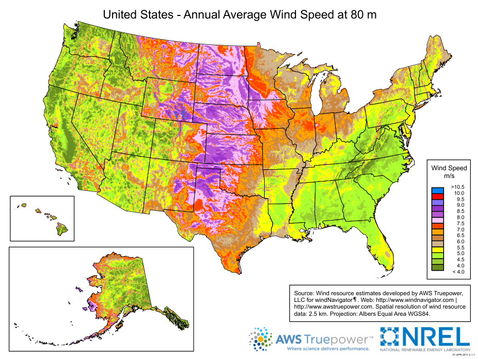 Average wind velocity at a height of 80 m across the U.S. [69]. Boundaries between colored boxes are every 0.5 m/s from 4.0 m/s to 10.0 m/s.