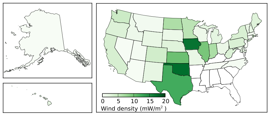 Average wind power by state, divided by state area to indicate a density of the developed resource, in milliwatts per square meter (based on