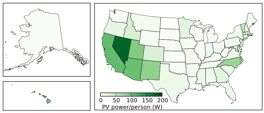 Per capita photovoltaic power production by state, in Watts per person.