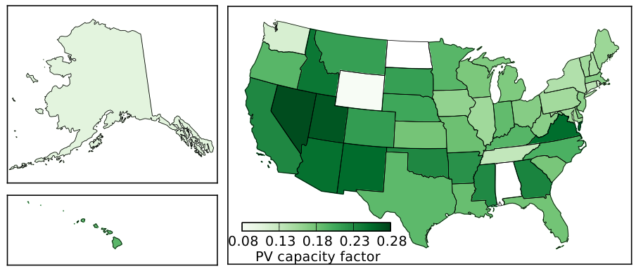 Photovoltaic capacity factors by state. While we see lots of darker green, it’s because everybody has similarly low numbers, due to unavoida