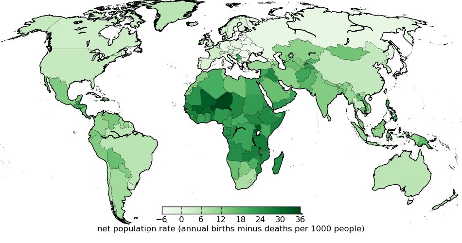 Net population growth rate by country: birth rate minus death rate per 1,000 people per year. The highest net growth (darkest shading) is Ni