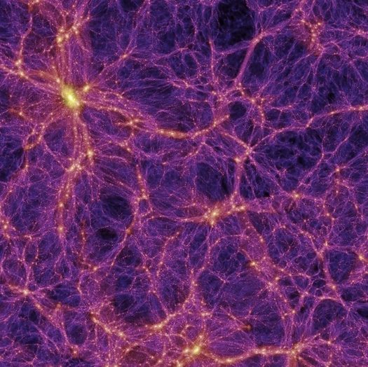 Galaxies are actually distributed in a frothy foam-like pattern crudely lining the edges of vast bubbles (voids; appearing as dark regions i
