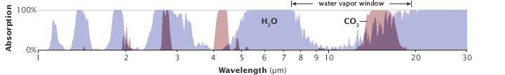 Another view of just the water and carbon dioxide absorption spectra, better showing the overlapping role of each in the 10 window. From Rob