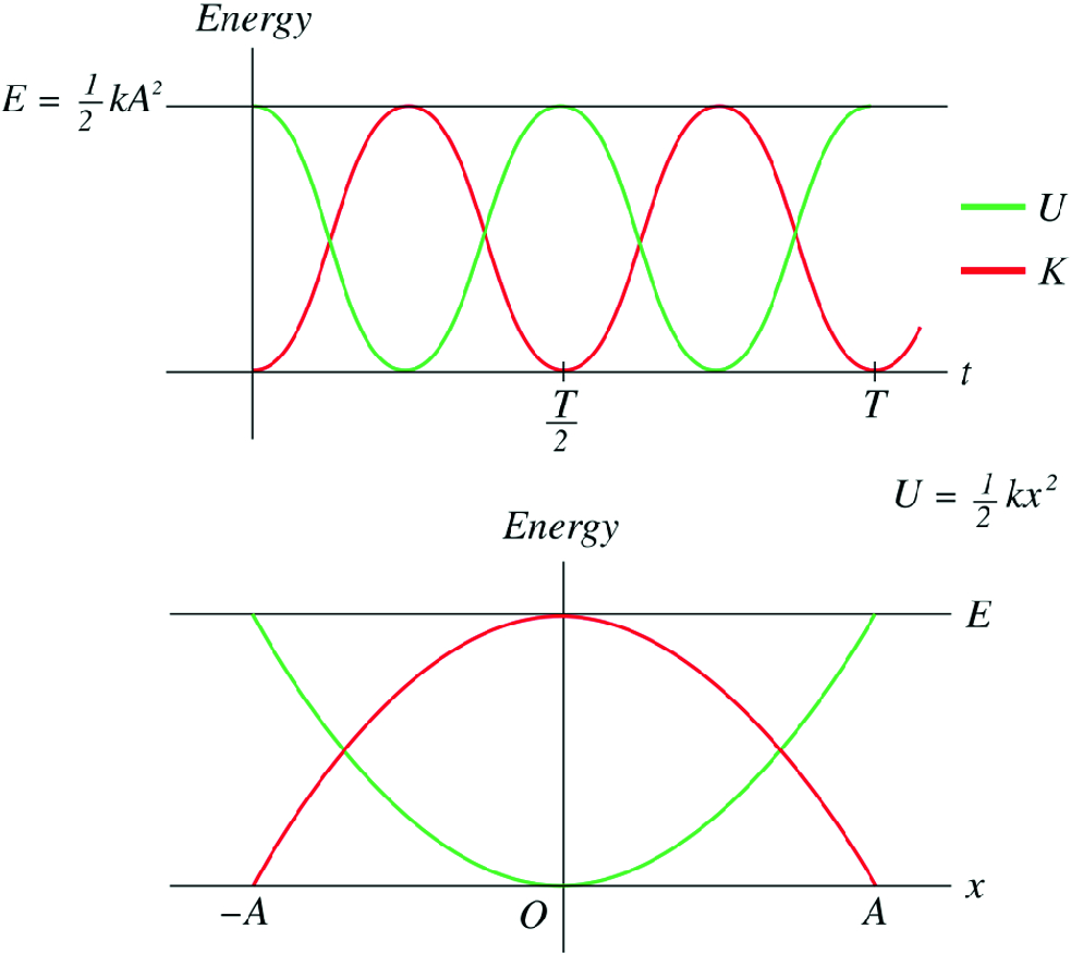 As the mass moves, its kinetic energy is transformed into potential energy and vice versa