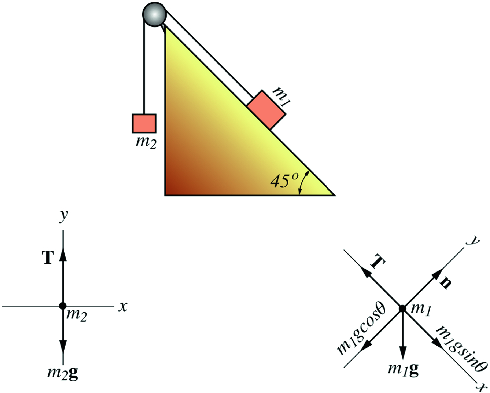 The free-body diagram showing the forces on each block
