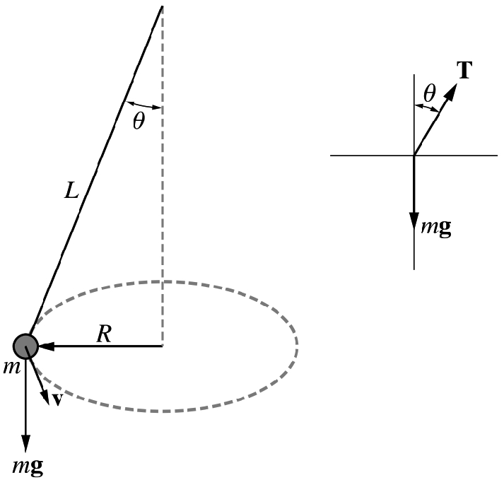 A conical pendulum consisting of a bob of mass m attached to a light string rotating in a horizontal circle