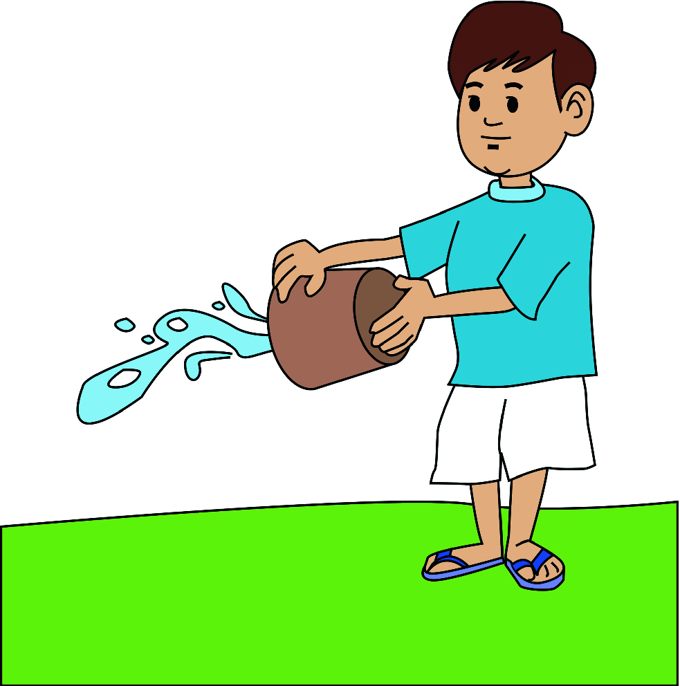 The boy is throwing the water out by pitching the bucket forward. If he stops, the water will continue its motion along a straight line. However, because of the force of gravity, it follows a parabolic path