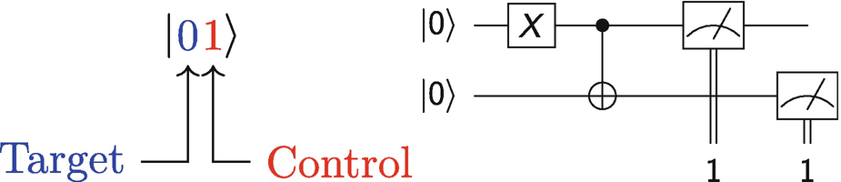 The quantum circuit that sends a multi-qubit in the |01〉 state through a CNOT gate.