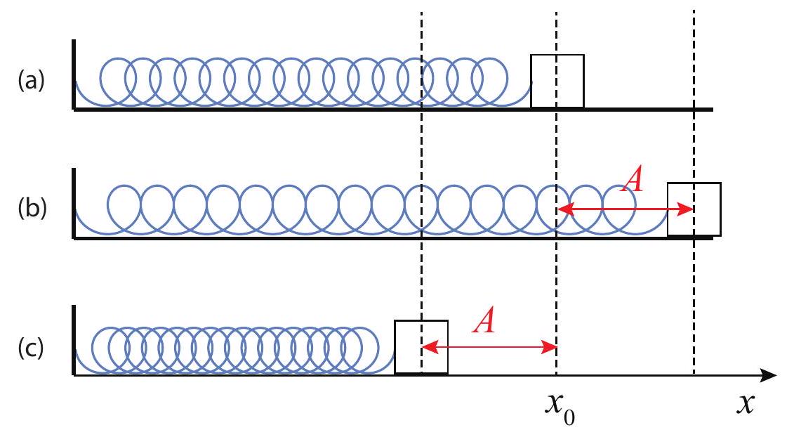 A mass attached to a spring and sliding on a frictionless surface. Figure (a) shows the spring in its relaxed state (the "equilibrium" position for the mass, at coordinate x_{0} ). If displaced from equilibrium a distance A and released (b), the mass will perform simple harmonic oscillations with amplitude A.