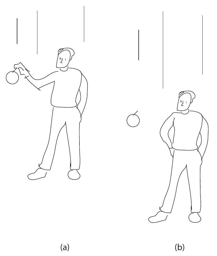 If you are holding something while in free fall (a) and let go, since you are all accelerating at the same rate, it stays in the same position relative to you (b), so it appears to be weightless.