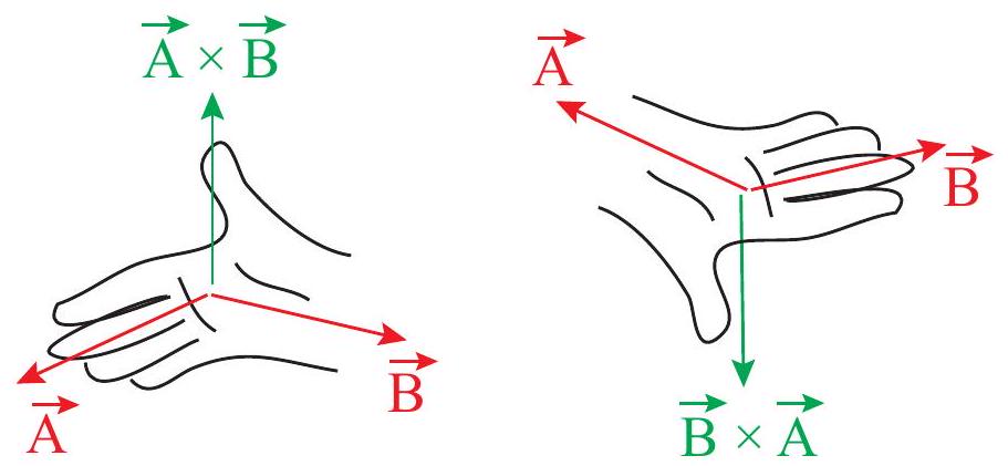 The "right-hand rule" to determine the direction of the cross product. Line up the first vector with the fingers, and the second vector with the flat of the hand, and the thumb will point in the correct direction. In the first drawing, we are looking at the plane formed by \vec{A} and \vec{B} from above; in the second drawing, we are looking at the plane from below, and calculating \vec{B} \times \vec{A}.
