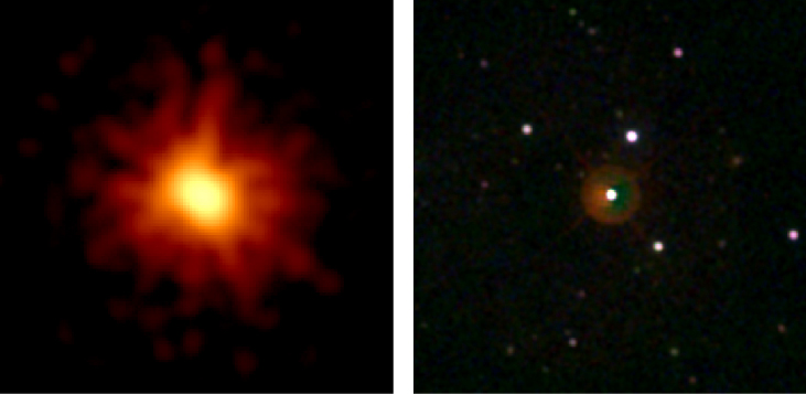 Gamma Ray Burst observed in March 2008. The image at left shows GRB 080319B in X-rays as an elongated, bright core with faint streams of light projecting outward from the center. The image at right shows the same object in visible light, now appearing as a faint red circular glow surrounding a star near the center of the image.
