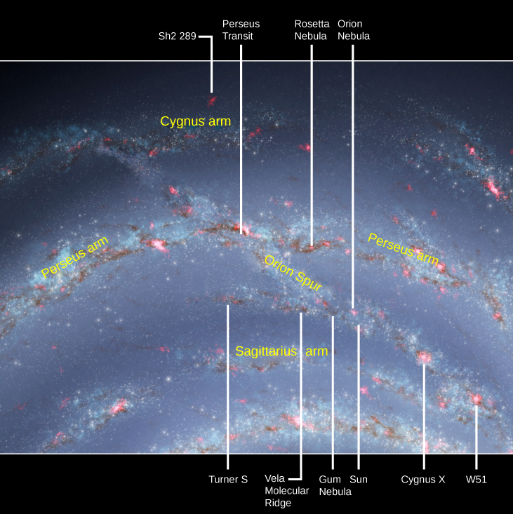 The Sun and the Orion Spur. Portions of three spiral arms of the Milky Way are shown in this illustration. The “Cygnus arm” at top, the “Perseus arm” at center and the “Sagittarius arm” at bottom. The “Orion spur” is a stream of stars and gas runs from the Cygnus arm diagonally downward to the right through the Perseus arm and on to the Sagittarius arm. The Sun is located in the portion of the spur between the Perseus and Sagittarius arms. Objects of interest are indicated with arrows from above and below the figure. At top, from left to right are: “Sh2 289”, “Perseus transit”, “Rosetta nebula” and the “Orion nebula”. At bottom, from left to right are: “Turner S”, “Vela molecular ridge”, “Gum nebula”, “Sun”, “Cygnus X-1” and “W51”..
