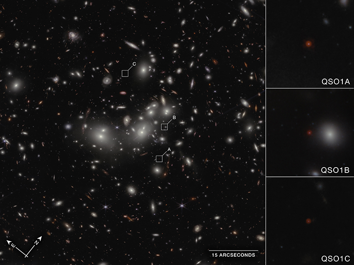 Image of galaxy cluster Abell 2744. Several large, bright elliptical galaxies dominate this cluster of galaxies, which is massive enough to act as a gravitational lens to brighten and magnify the images of nearly 3000 distant background galaxies.
