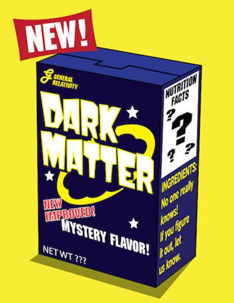 Dark Matter Cartoon. This illustration shows dark matter as a box of cereal. The front reads: “General Relativity (with a logo), Dark Matter, New Improved! Mystery Flavor! Net Wt ???” The side of the box reads: “Nutrition Facts ???, Ingredients: No one really knows! If you figure it out, let us know.”