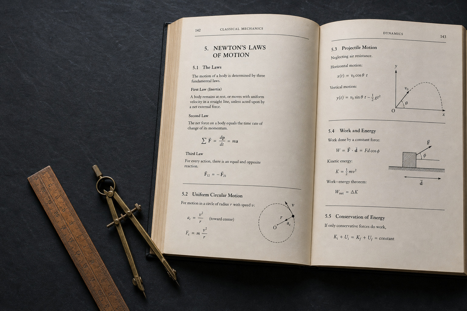 An open physics textbook on a slate desk, with a brass compass beside the pages.