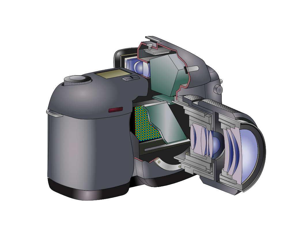 Cutaway of a digital SLR camera showing its lens, movable reflex mirror, prism, viewfinder, and image sensor.