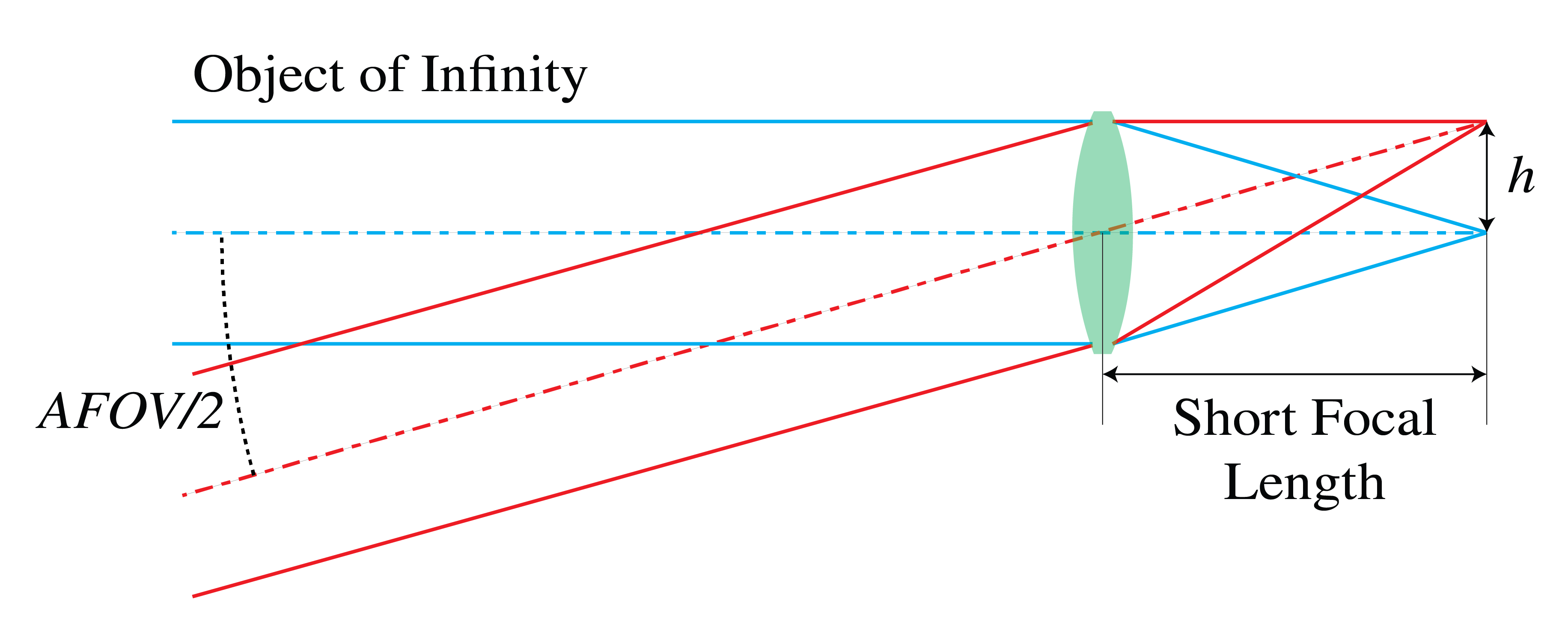 Rays from the edges of a distant object meet opposite edges of the image sensor, defining the camera's angular field of view.