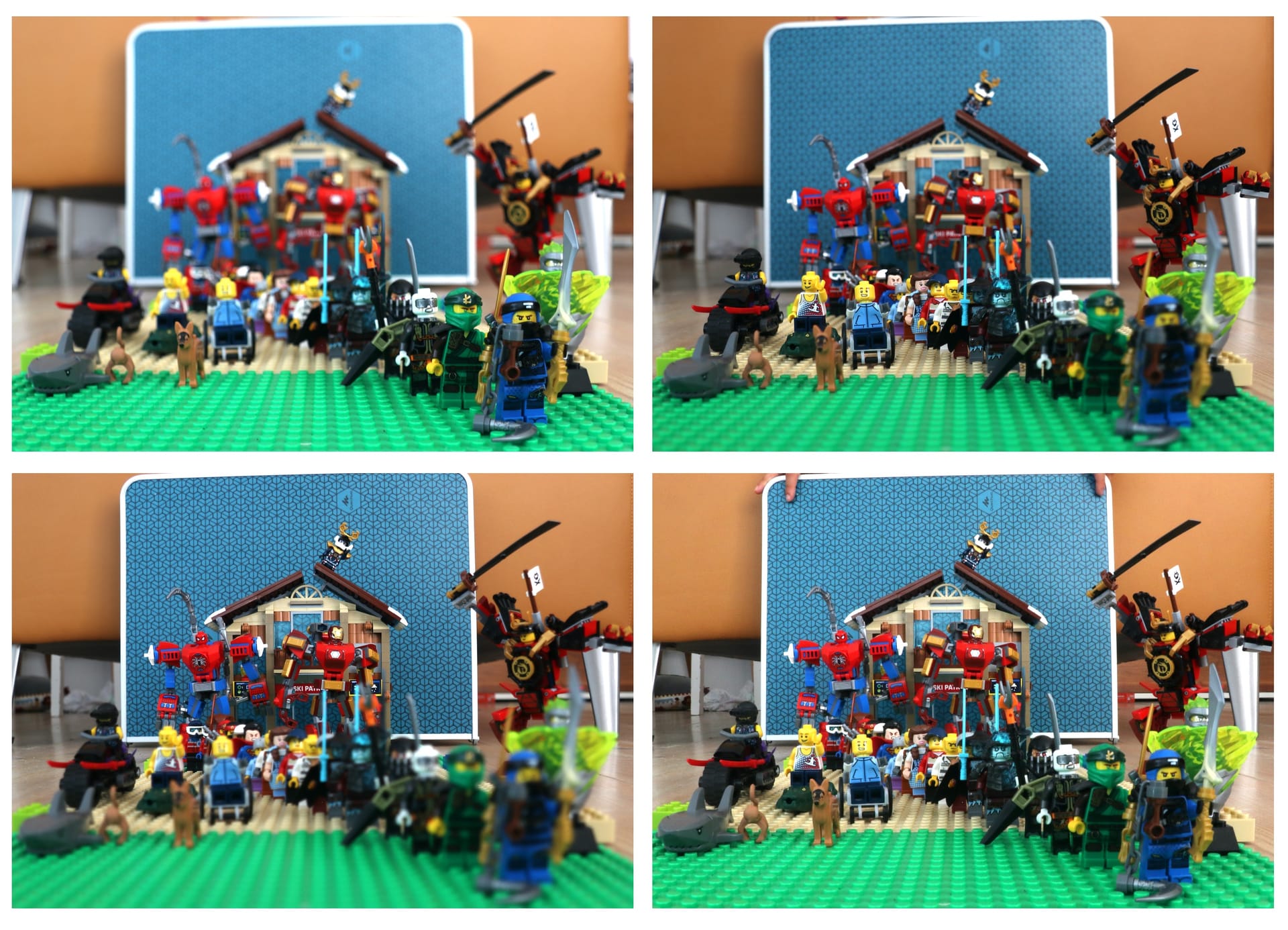 Four photographs of Lego figures comparing wide and narrow apertures and different focus distances; the narrow-aperture view keeps more figures sharp.
