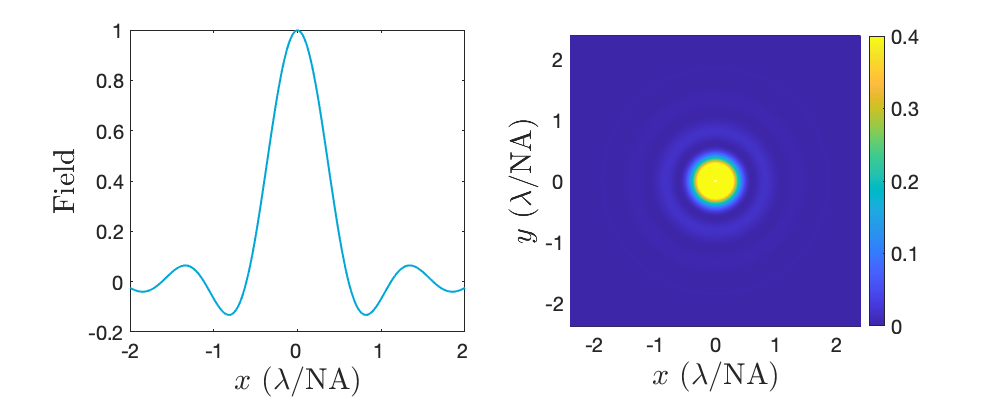 The Airy field cross-section has a central lobe and side lobes; its two-dimensional intensity has a bright central disk and rings.