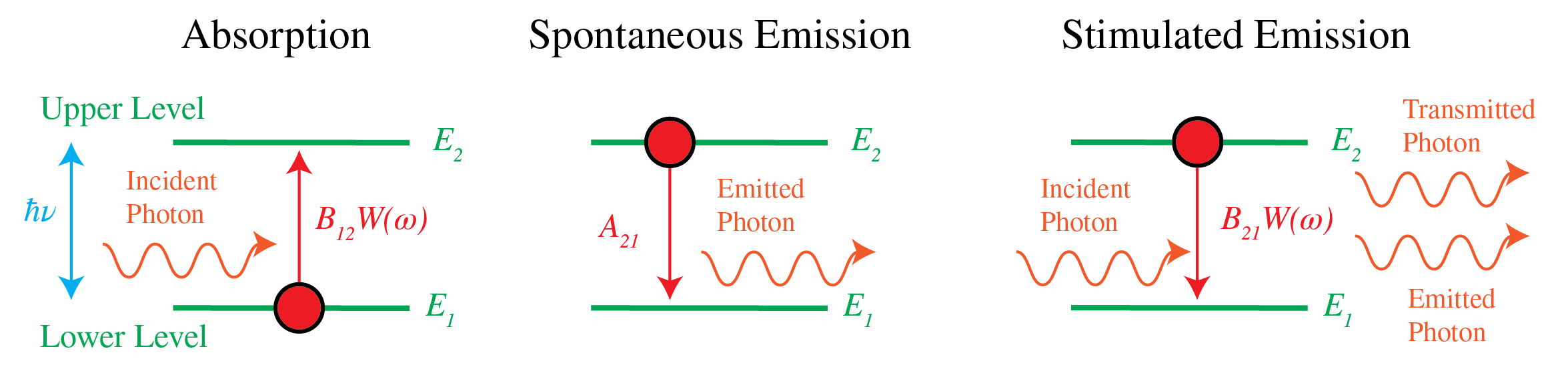 Three two-level energy diagrams show upward photon absorption, downward spontaneous photon emission, and downward emission stimulated by an incident photon.