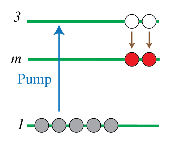 Atoms at level 1 are pumped to level 3, then relax to metastable level m, which holds a larger population.