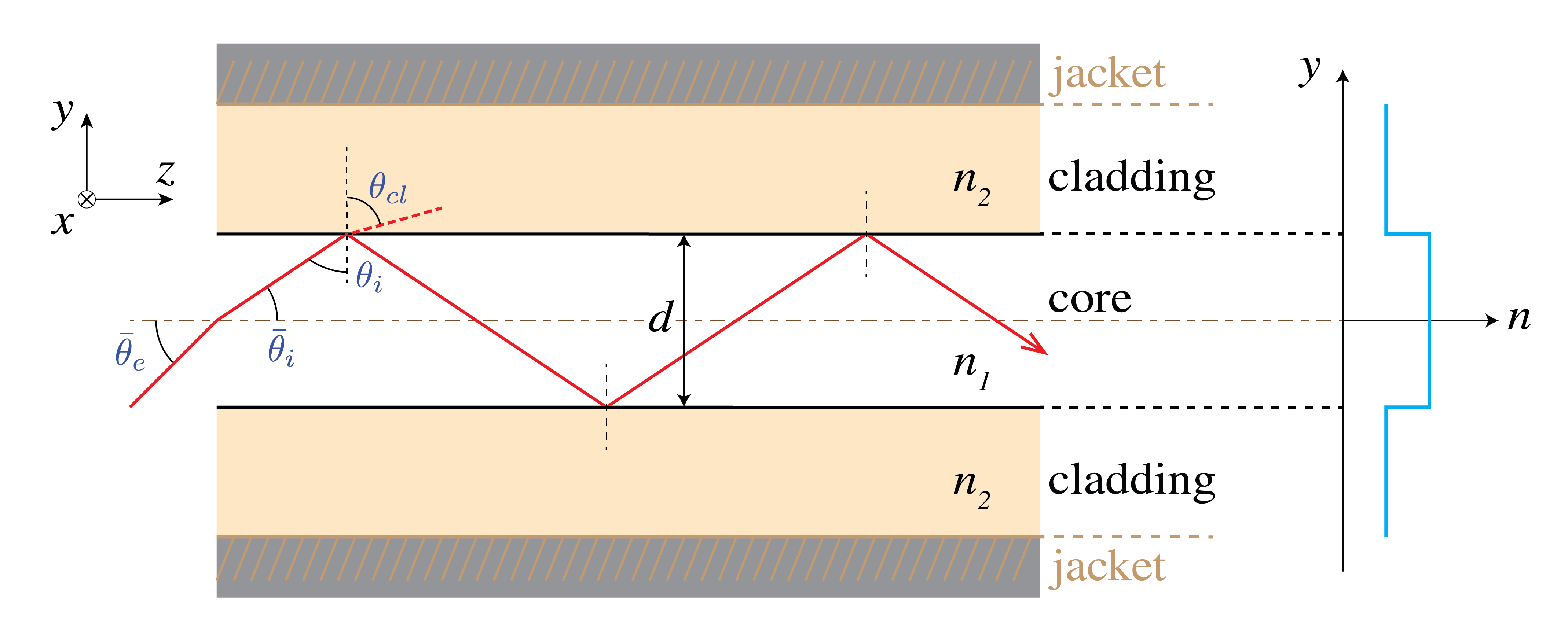 Longitudinal cutaway of a step-index fiber: a red ray reflects within a core of index n1, bounded by lower-index cladding n2 and an outer jacket; the right plot shows the step in refractive index.