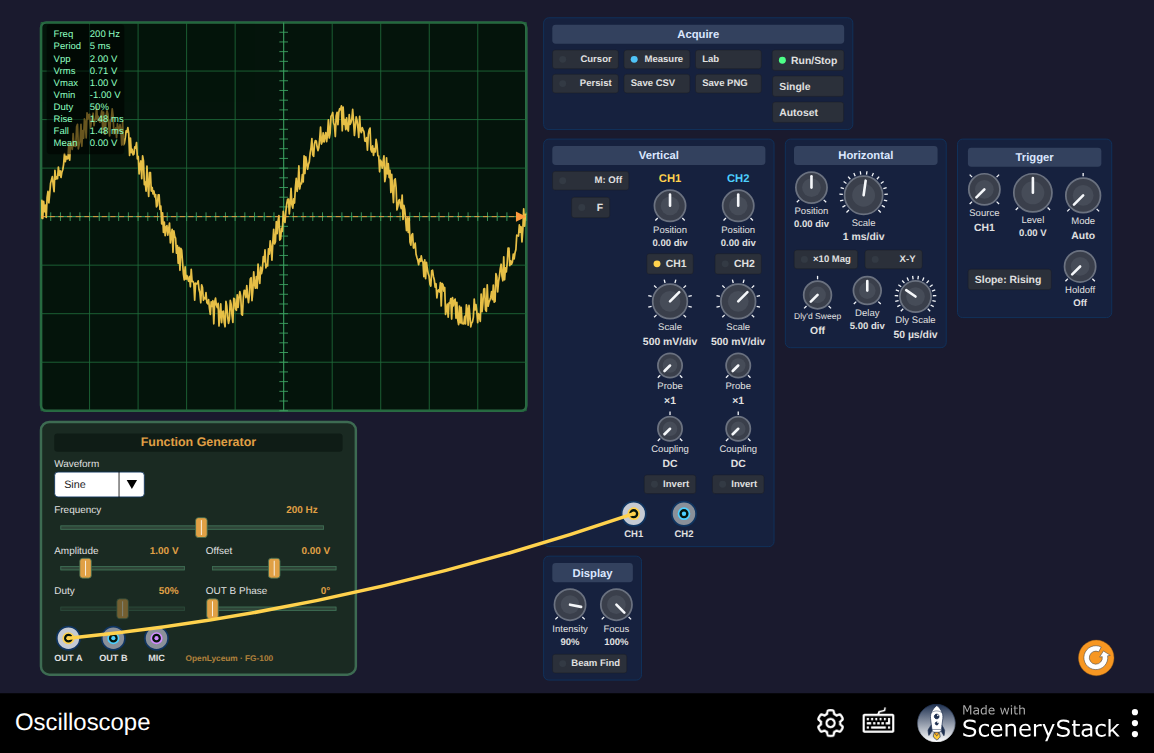 A phosphor-green oscilloscope graticule beside vertical, horizontal, and trigger controls, with a function generator patched to channel one.