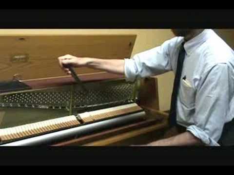 A piano technician adjusts the strings of one piano note while listening for beats.