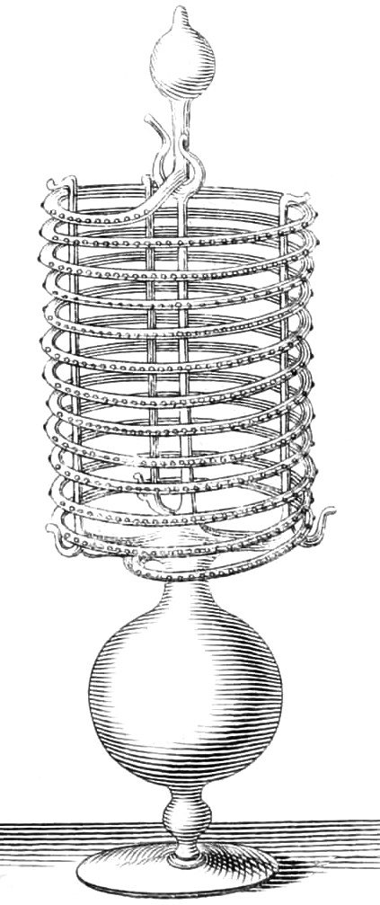 A Florence thermometer from the mid-17th century. This time, it was the liquid, contained in the lower bulb, that contracted and expanded with temperature. Its changes in volume were such that a long spiral-blown glass tube was needed to measure them.