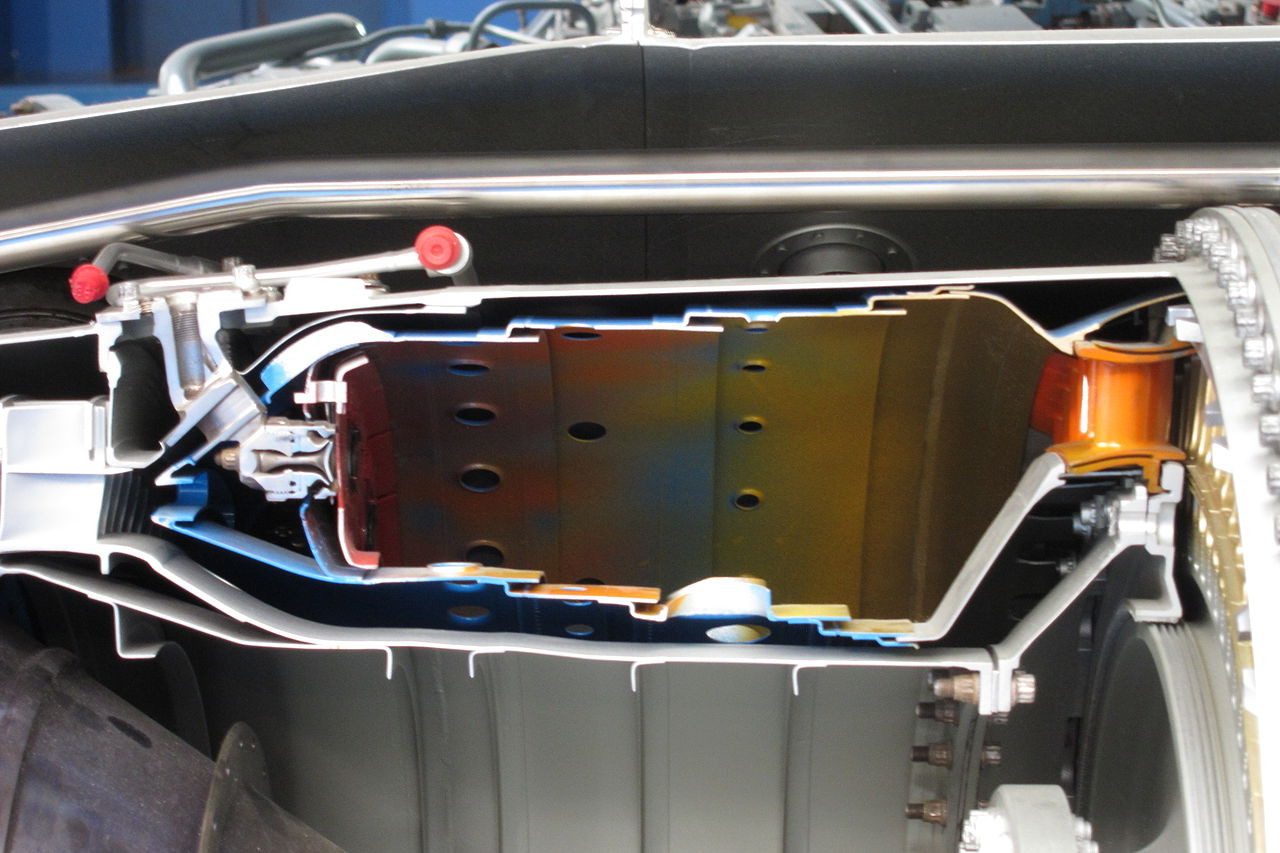 Section of an annular combustion chamber in which the flow was from left to right. The photo shows a section of a Rolls-Royce Turboméca Adour, a small turbofan engine designed in 1968.