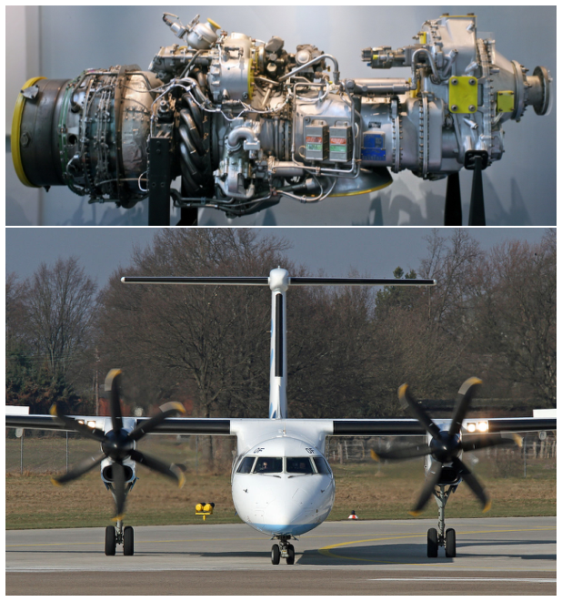 A Pratt & Whitney Canada pwc123 turboprop engine powering a Bombardier Dash 8. Thepwc123 is configured with three concentric rotating assemblies