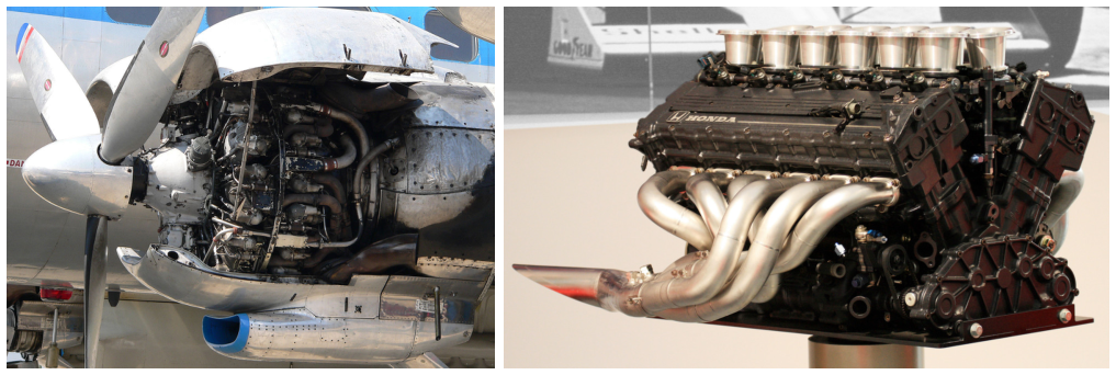 On the left, a 1950 Curtiss-Wright r-3350 *Duplex-Cyclone* of $3500 hp$ with 18 cylinders arranged in two successive rows. Four of these engines powered the long-range aircraft Lockheed *Super Constellation*. On the right, a 1991 Honda ra121e V12 engine. It powered the McLaren mp4/6 Formula 1 car.