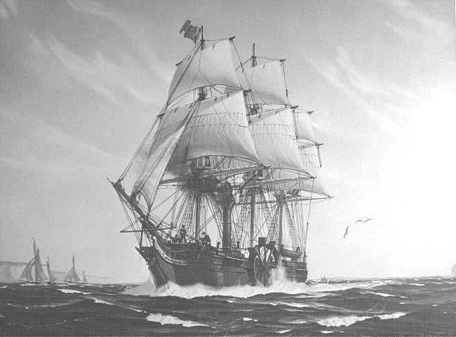 SS Savannah, in the first steam-powered transatlantic crossing in 1819, which was completed under sail.