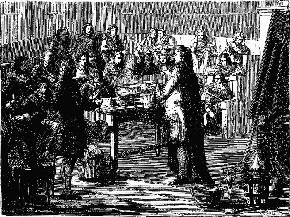 Joseph Black conducting an experiment on latent heat during a university lecture in Edinburgh. One can imagine that he had no difficulty engaging the students, since it was about thermodynamics...