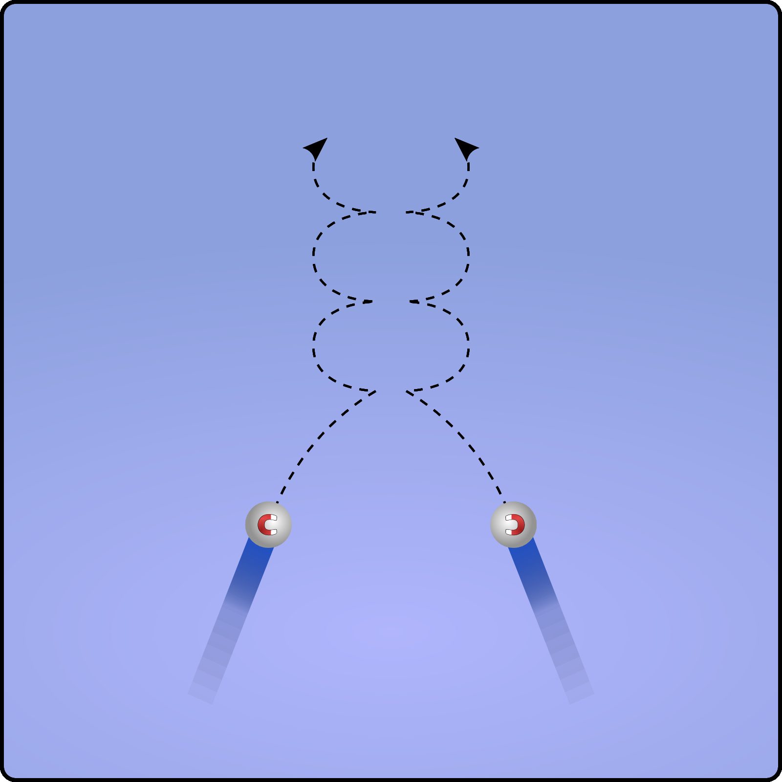 Two magnetized billiard balls colliding without friction at low speed. Below a threshold speed, the two balls will continue their trajectory together.