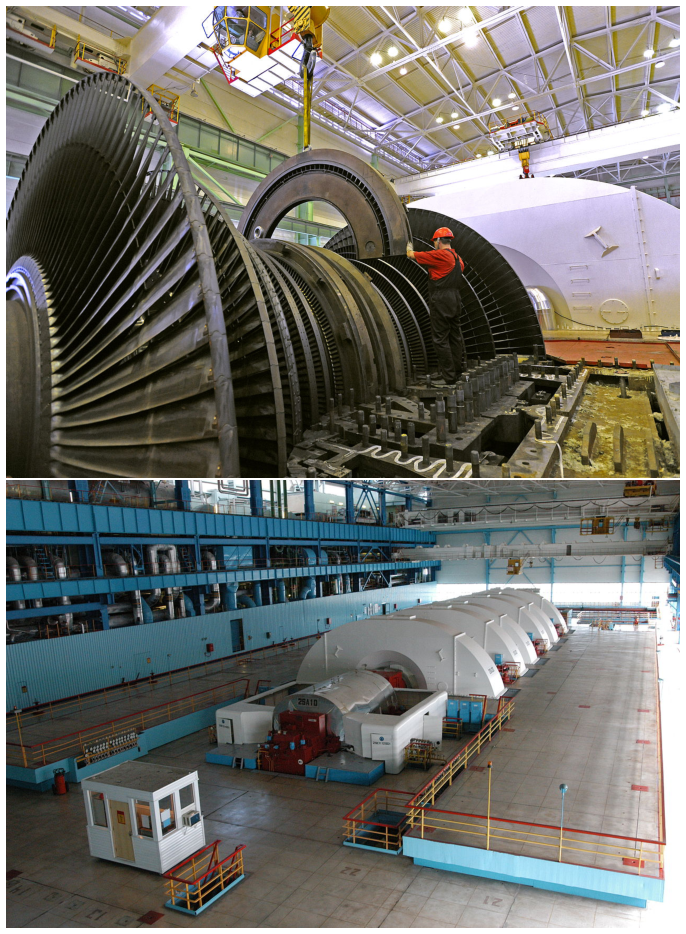 One of the turbines at the Russian Balakovo nuclear power station plant power), in maintenance (top) and during installation (bottom).