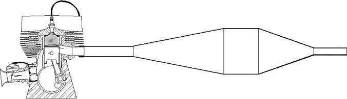 Tuned (sometimes called “harmonic”) expansion chamber mounted on a two-stroke engine. Since the flow is unsteady, it is possible to manipulate the pressure exerted by fixed amounts of exhaust gases on the exhaust port when they pass through the chamber. Passing through the expansive part reduces the pressure (thus facilitating scavenging during the piston descent), while passage through the contraction, on the contrary, increases this pressure (thus reducing gas losses during the piston ascent).